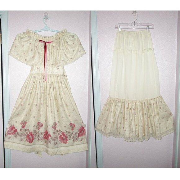 70s Vtg Midi Dress & Petticoat Size XXS Tiered 2 Piece Cottagecore Boho Prairie - Picture 1 of 12